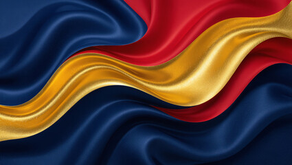 Luxurious flowing satin fabric in rich navy blue, vibrant red, and shimmering gold creates an elegant, sophisticated backdrop for premium branding and design