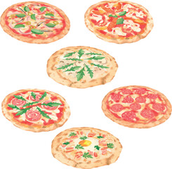 Collection of vector pizzas: Sicilian Pizza, Seafood Pizza, Mushroom Arugula Pizza, Prosciutto Crudo Pizza, Pepperoni Pizza, Carbonara Pizza
