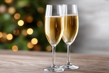 Two glasses of sparkling champagne on wooden table with festive lights