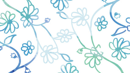 Watercolor floral pattern with blue and green hues on a white background featuring flowers and vines