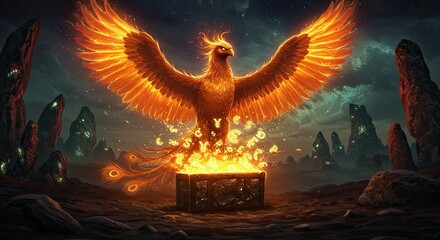Fiery Phoenix Rising Above Golden Currency Symbols in a Dark Rocky Landscape