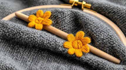 Crochet needle and hoop with two flower appliques on a gray knitted fabric.