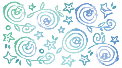 Watercolor floral pattern with swirls leaves and stars in shades of blue and green on white background