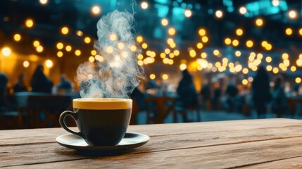 Obraz premium A steaming cup of coffee sits on a wooden table, with a blurred background of people and lights.