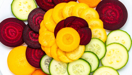 A vibrant medley of thinly sliced rainbow vegetables, including red beets, yellow carrots, and green zucchini, arranged in a colorful spiral.