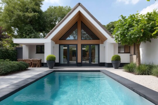 Modern house with pool and minimalist design featuring large windows - Powered by Adobe