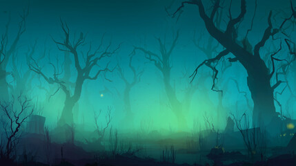 Spooky Night, Shadowy blue to murky green gradient, eerie swamp with skeletal trees and glowing eyes in the dark
