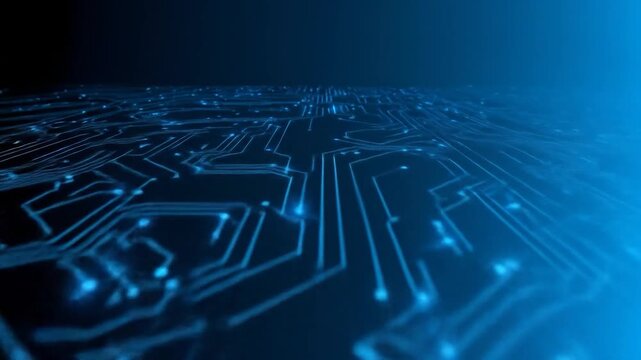 Blue digital circuit board texture, dark background, data flow, tech website banner