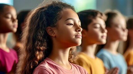 Group of diverse children meditating with closed eyes in classroom setting, practicing mindfulness and emotional well-being in education.