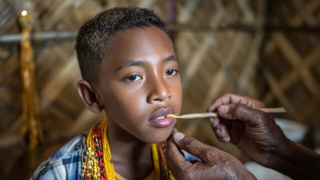 Indigenous boy receiving traditional medicine on his lips
