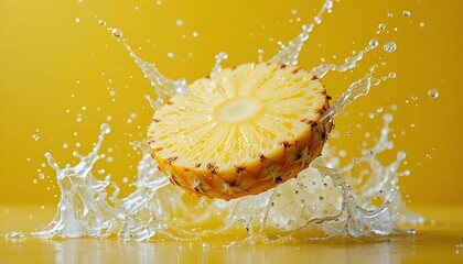 Juicy pineapple half splashing into a pool of water with a vibrant yellow background, capturing a dynamic and refreshing tropical fruit scene, perfect for healthy food and summer-themed designs