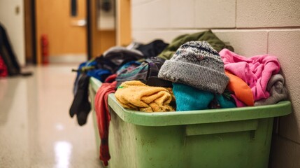 Overflowing lost and found bin in a school hallway filled with colorful winter clothes, including hats, scarves, and jackets, symbolizing forgotten items.