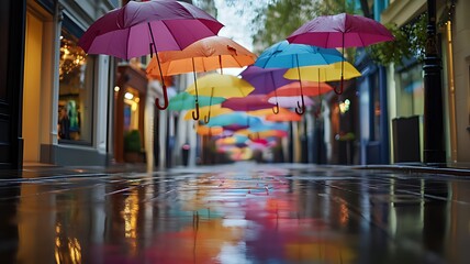 Colorful umbrellas float above the street in London, England. Beautiful cityscape with reflections on the wet pavement after the rain. 