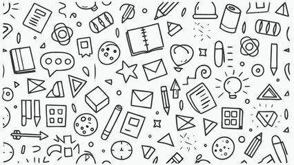 Seamless pattern of school supplies and office stationery in doodle style black outline on white background