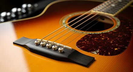 Fototapeta premium Detailed close-up of an acoustic guitar body with sunburst finish, highlighting strings, bridge, and soundhole.
