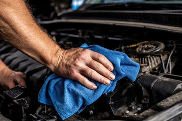 Close-up of mechanic wiping car engine