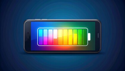 Smartphone screen displaying a colorful battery charging indicator. A conceptual illustration of mobile device power and energy level.