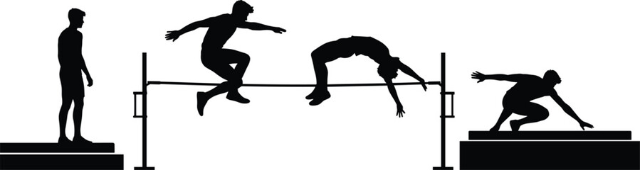 High jump silhouette, athletic motion, jump sequence, track and field, body posture, sports action, platform leap, isolated illustration, dynamic pose