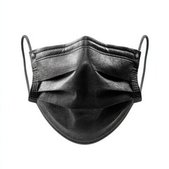 A close-up shot of a black protective face mask, isolated. The mask is a standard design, with ear loops, and it looks new and clean.