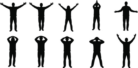 Human silhouette poses, black and white illustration, standing figure clipart, body language reference, gesture design, posture art, vector graphic