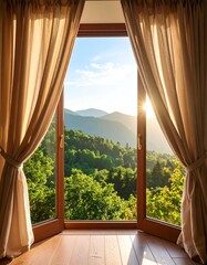 Beautiful view of mountains and trees through a window, with sunlight streaming in, creating a serene atmosphere.