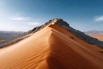 Fototapeta premium Majestic desert sand dune and rocky ridge under clear blue sky