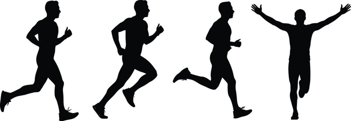 Running silhouette sequence, jogging pose, sprint motion, finish line victory, athlete progression, black figure, sports icon, vector graphic, race