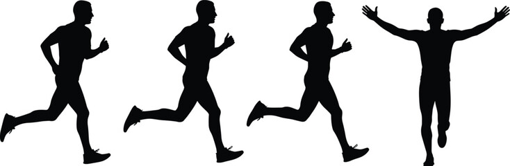 Obraz premium Running silhouette sequence, athlete motion, sprint stages, finish line pose, black figure, vector graphic, sports icon, race progression, victory gesture