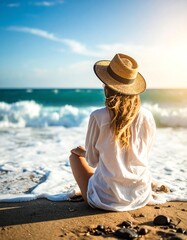 A woman sits on the beach, enjoying the serene waves and warm sunlight, embodying a relaxing summer vibe.