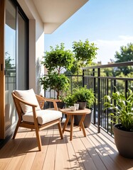 A cozy balcony with a wooden chair, small table, and lush plants, perfect for relaxation and enjoying nature.