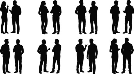 Silhouettes of people talking, communication poses, black figures, white background, body language, interaction, conversation, gesture, dialogue, teamwork, meeting, discussion, expressive stance