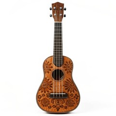 Naklejka premium Ukulele with Intricate Floral Engraving isolated on White Background