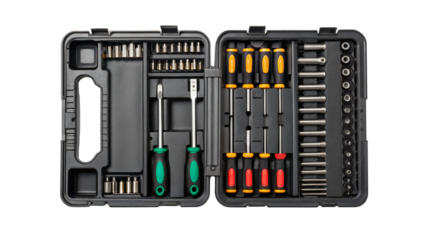 Screwdriver Set with Multiple Bits and Handles in a Black Carrying Case on white background