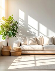 A bright living room with a cozy sofa, decorative pillows, and a thriving indoor plant, bathed in warm sunlight.
