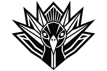 Stylized black bird faces forward with sharp feather points in art