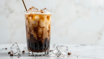 Delicious Iced Coffee with Cream Swirls in a Tall Glass, Garnished with a Metal Straw and Served on a White Marble Countertop with Scattered Coffee Beans