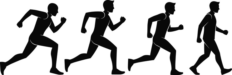 Sprinting to walking silhouette, motion sequence, athlete movement, running pose, black figure, vector graphic, sports icon, fitness transition, pace shift