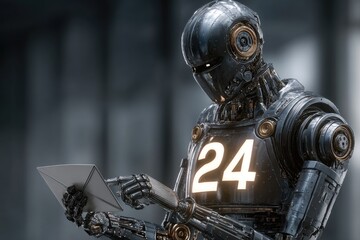 Metallic robot holding tablet with email
