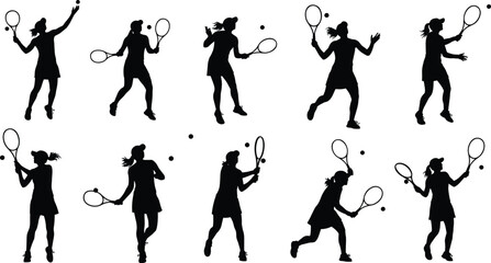 Tennis player silhouettes, racket action poses, sports movement illustration, serve and hit gestures, athletic clipart, dynamic vector design, ball interaction
