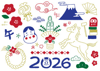 2026 手書き年賀正月イラスト 和装飾素材 あしらい