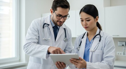 Healthcare professionals discussing medical data on digital tablet in clinic
