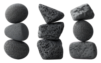 Three stacks of porous gray rocks balanced in perfect harmony and stability, transparent background