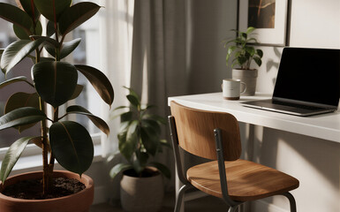 Rubber Plant in Cozy Home Office Workspace