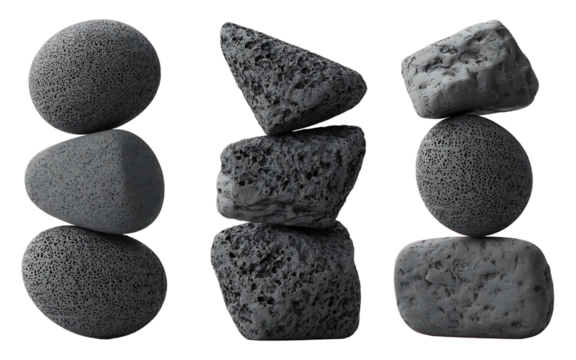 Three stacks of porous gray rocks balanced in perfect harmony and stability, transparent background