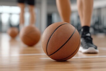Classic leather basketball rests on polished wooden court. Blurred action in background features athletes additional balls, signaling active training exciting game in progress, ideal sports