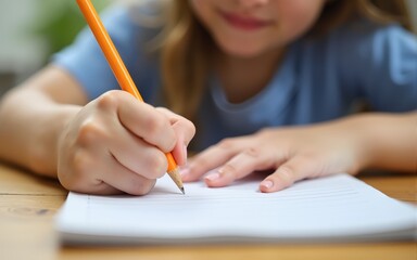 Close-up of children's hands. Left-hander writes in a notebook on the table. International Left Handers Awareness Day. High quality