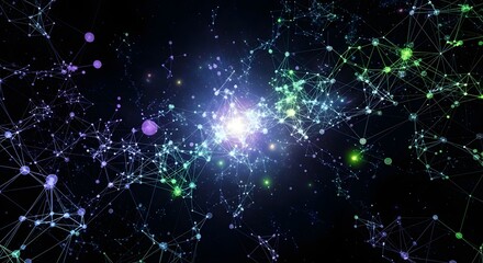 Abstract Digital Network with Glowing Connections and Central Light on a Dark Background