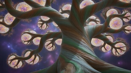 A fantastical tree with glowing, luminous orbs on its branches, set against a vibrant cosmic background