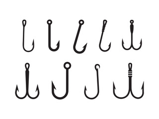 Collection of fishing hooks silhouette vector isolated on white background