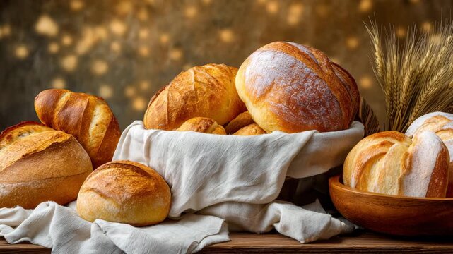Rustic close-up of freshly baked bread on a wooden table, warm golden light, crusty textures, and cozy farmhouse atmosphere ideal for food photography, bakery advertisement, or lifestyle visuals.
